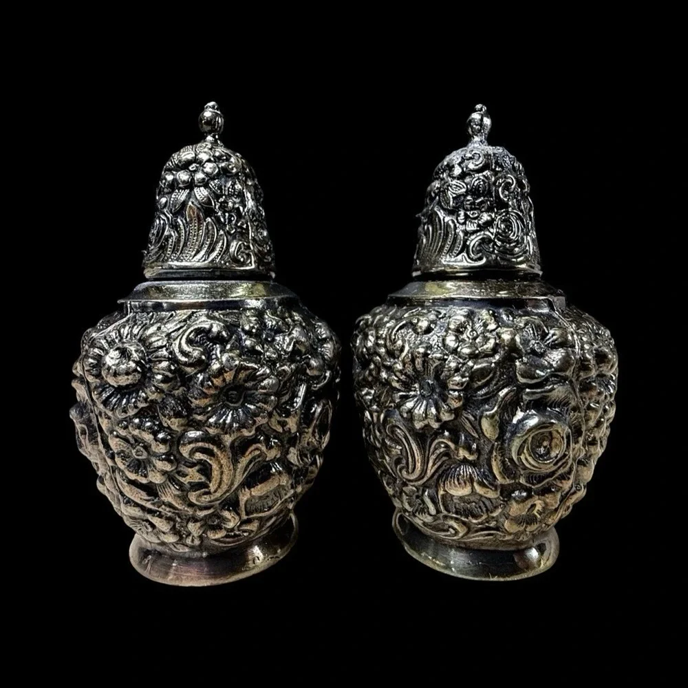 VTG Fancy Silver Plate Salt & Pepper Shakers W.B. Mfg Co. Floral Pair